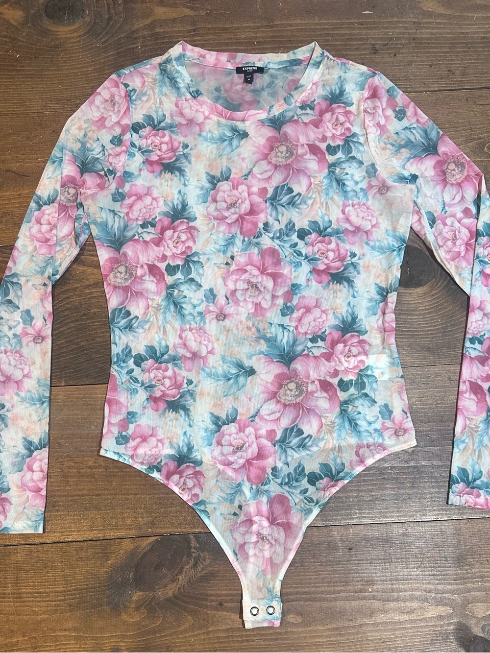 Express Sheer Floral Long-Sleeve Bodysuit in Pink & Blue